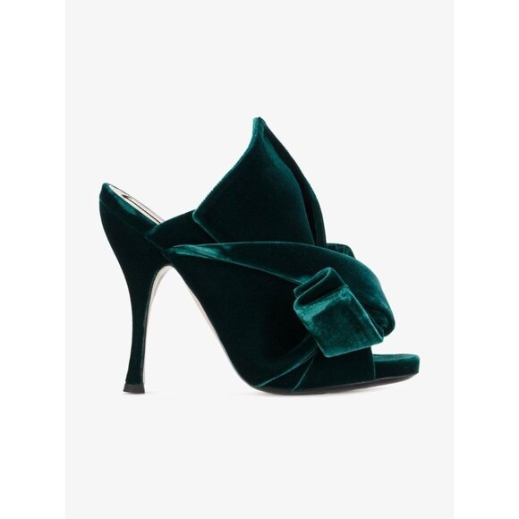 NWOB N.21 Dark Green Velvet Bow Knotted Peep Toe High Heel Mules, Size 36 - Picture 14 of 16